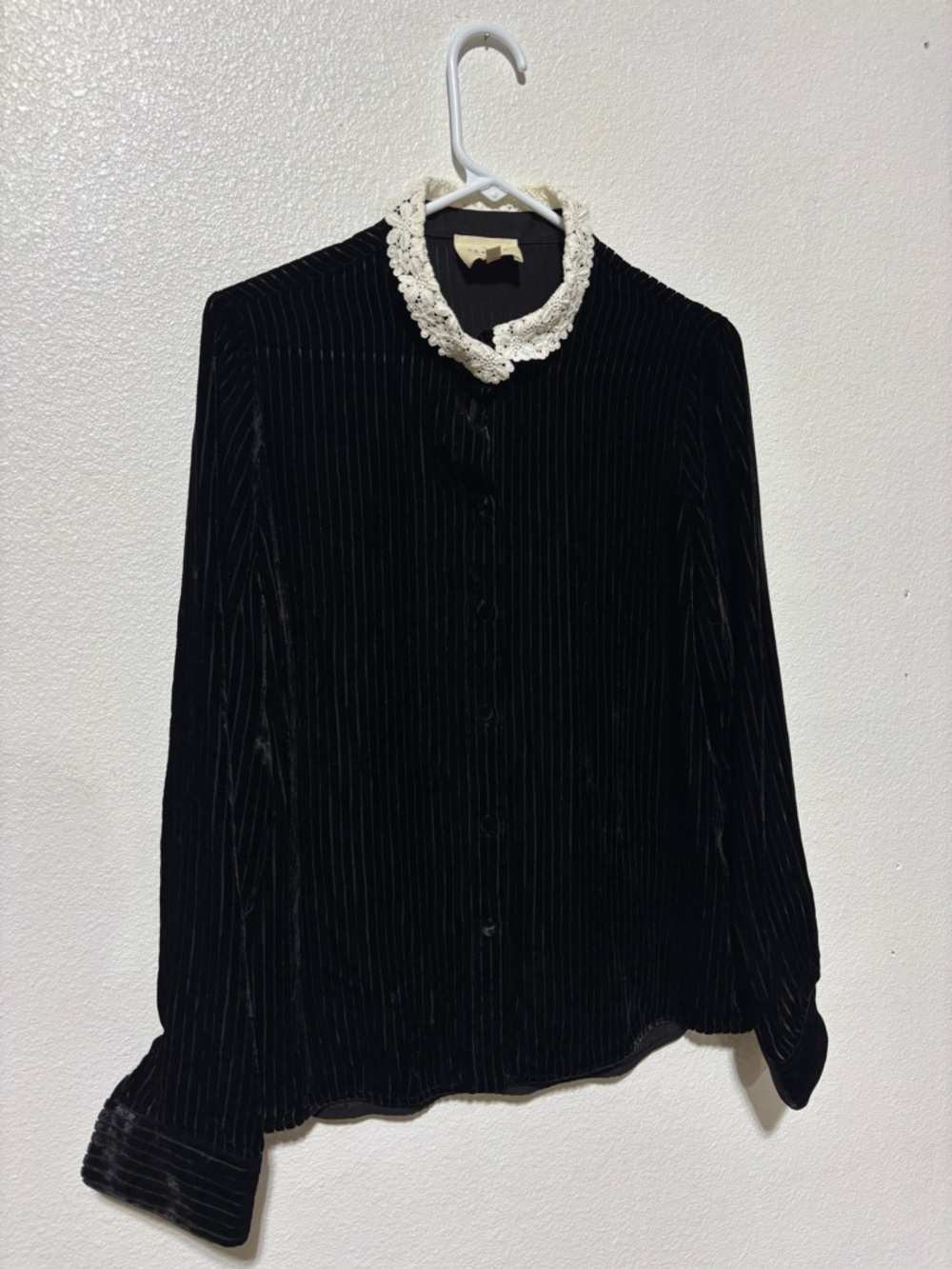 Sezane Black Velvet Blouse with White lace Collar size 38